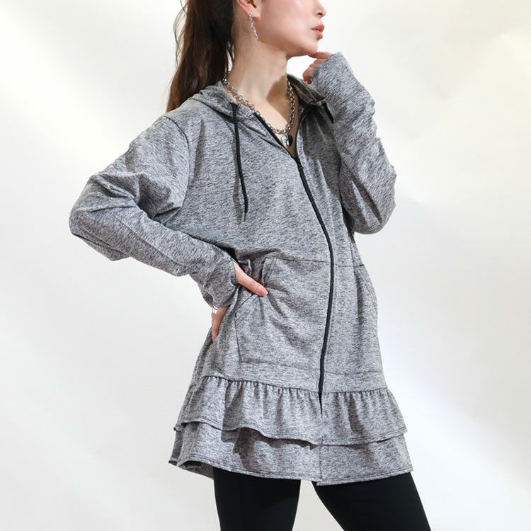 大きいサイズ レディース UVカット＆吸水速乾ラッシュガード裾フリルZIPパーカー　map-3