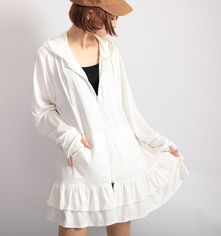 大きいサイズ レディース UVカット＆吸水速乾ラッシュガード裾フリルZIPパーカー　map-3