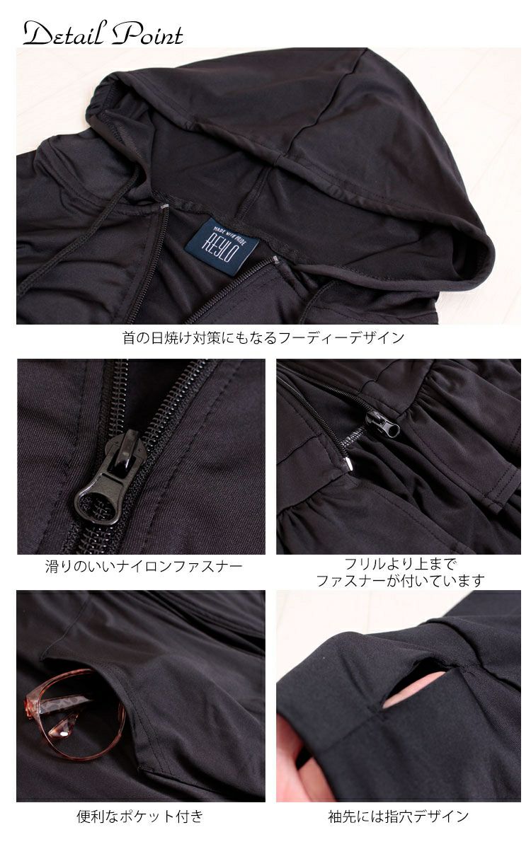 大きいサイズ レディース UVカット＆吸水速乾ラッシュガード裾フリルZIPパーカー　map-3