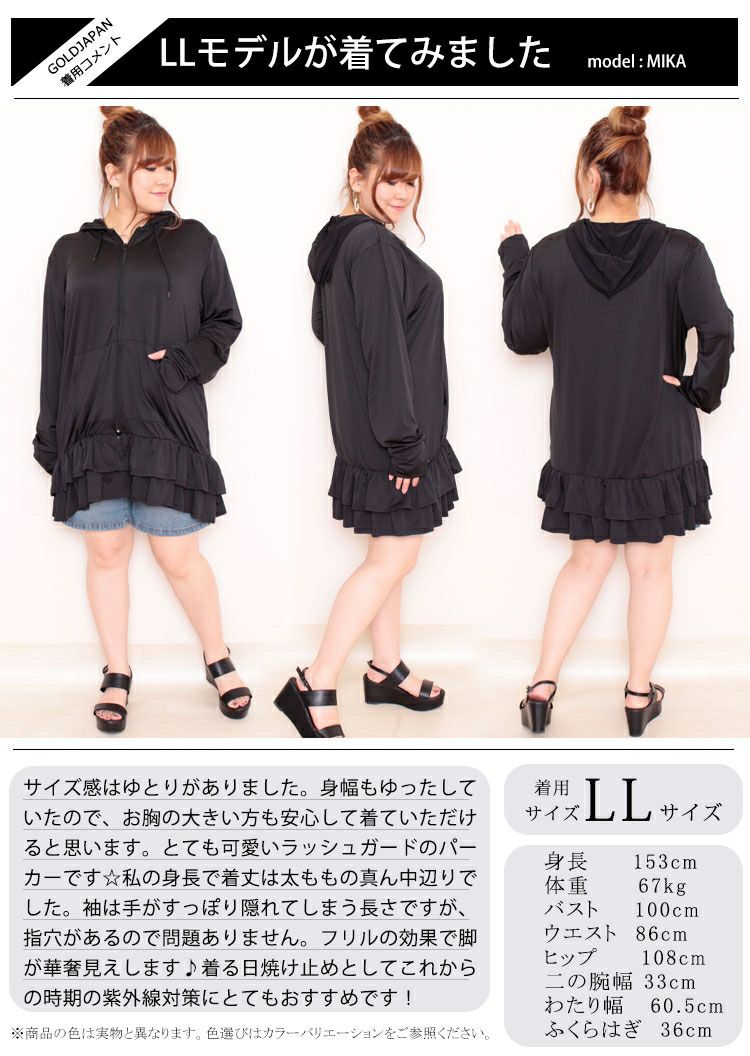 大きいサイズ レディース UVカット＆吸水速乾ラッシュガード裾フリルZIPパーカー　map-3