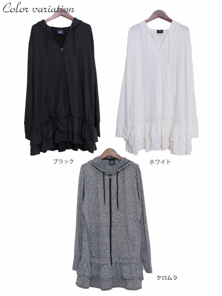 大きいサイズ レディース UVカット＆吸水速乾ラッシュガード裾フリルZIPパーカー　map-3