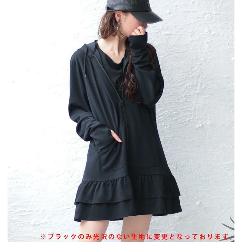 大きいサイズ レディース UVカット＆吸水速乾ラッシュガード裾フリルZIPパーカー　map-3 ブラック