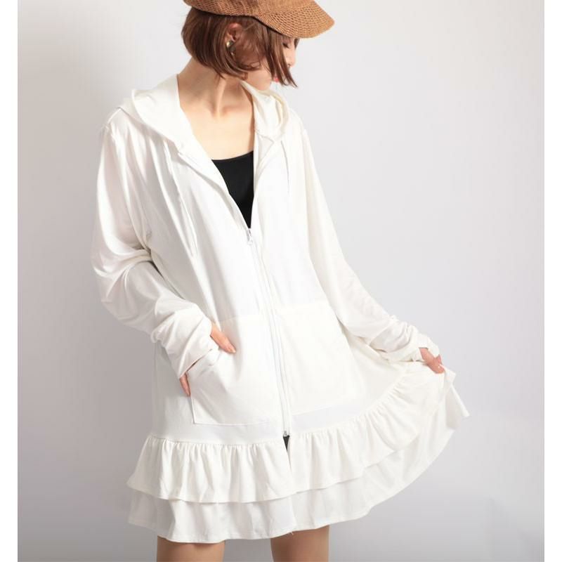 大きいサイズ レディース UVカット＆吸水速乾ラッシュガード裾フリルZIPパーカー　map-3 ホワイト