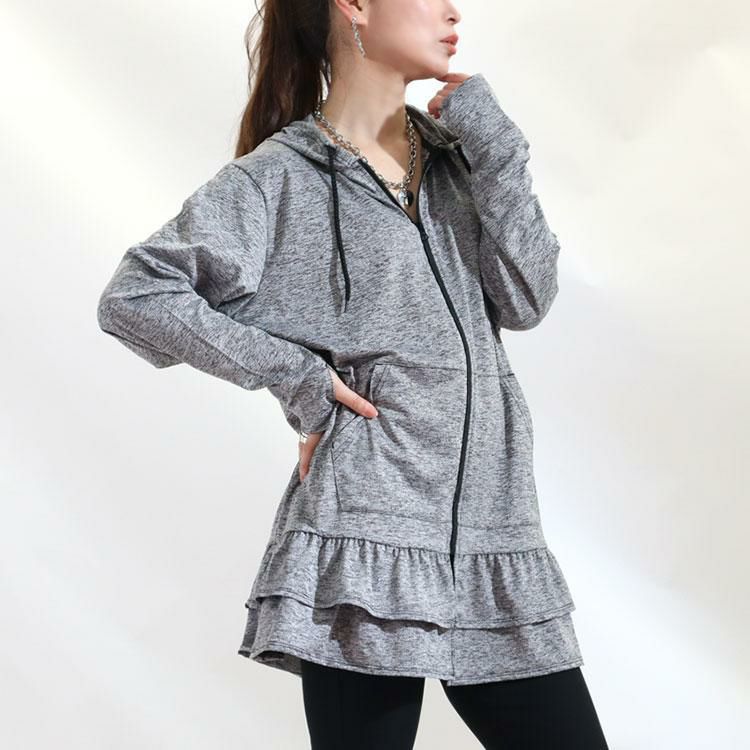 大きいサイズ レディース UVカット＆吸水速乾ラッシュガード裾フリルZIPパーカー　map-3 クロムラ