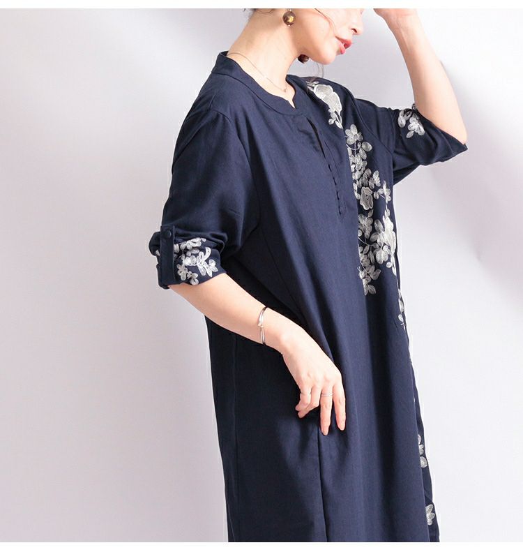 大きいサイズ レディース 花刺繍コットンリネンワンピース　gold785