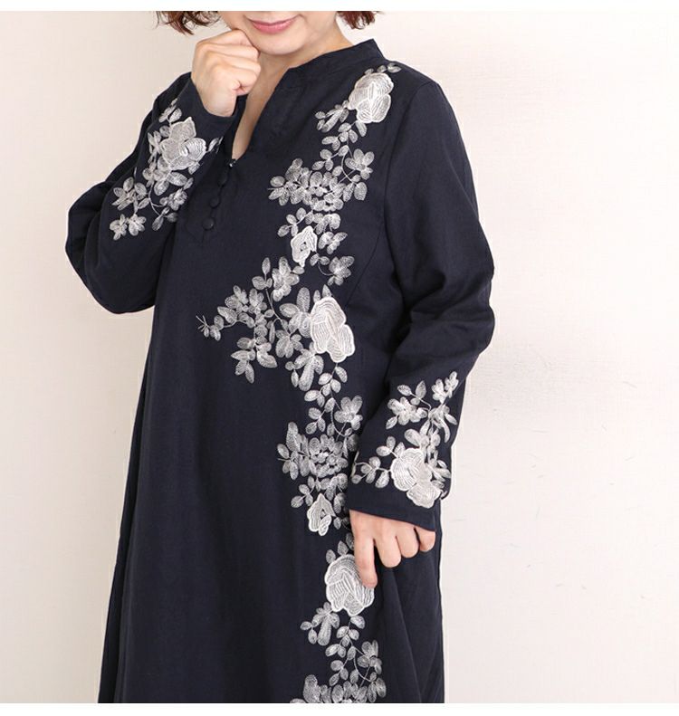 大きいサイズ レディース 花刺繍コットンリネンワンピース　gold785