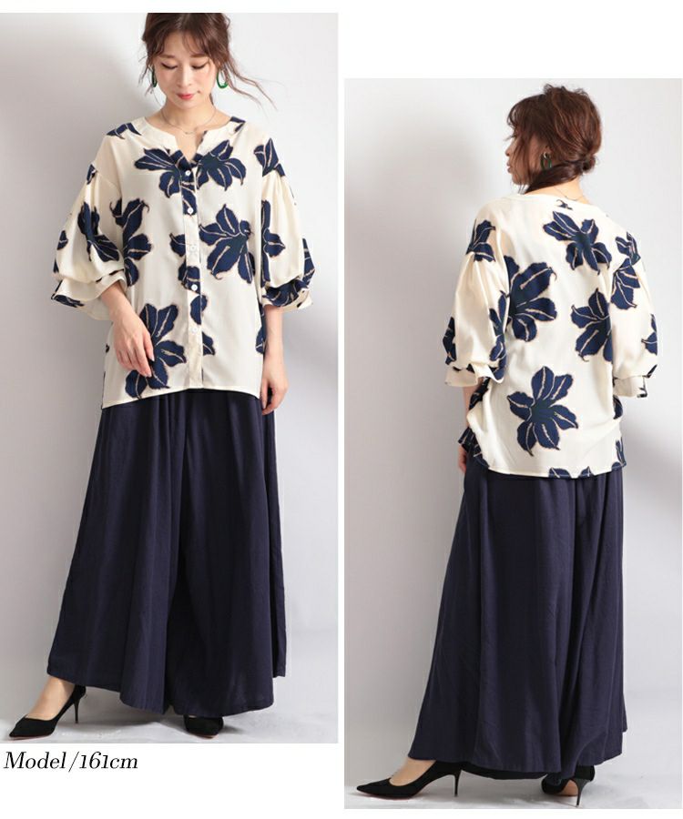 大きいサイズ レディース 百合の花ぽわん袖ブラウス　gold786【メール便可】