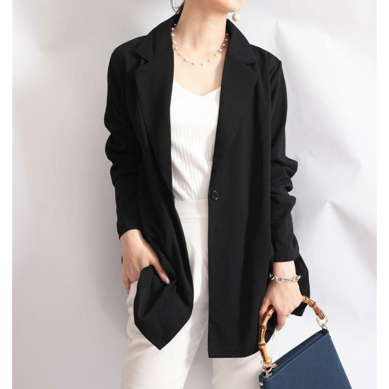 大きいサイズ レディース カットジョーゼットロングテーラードジャケット　mncut-102204 ブラック