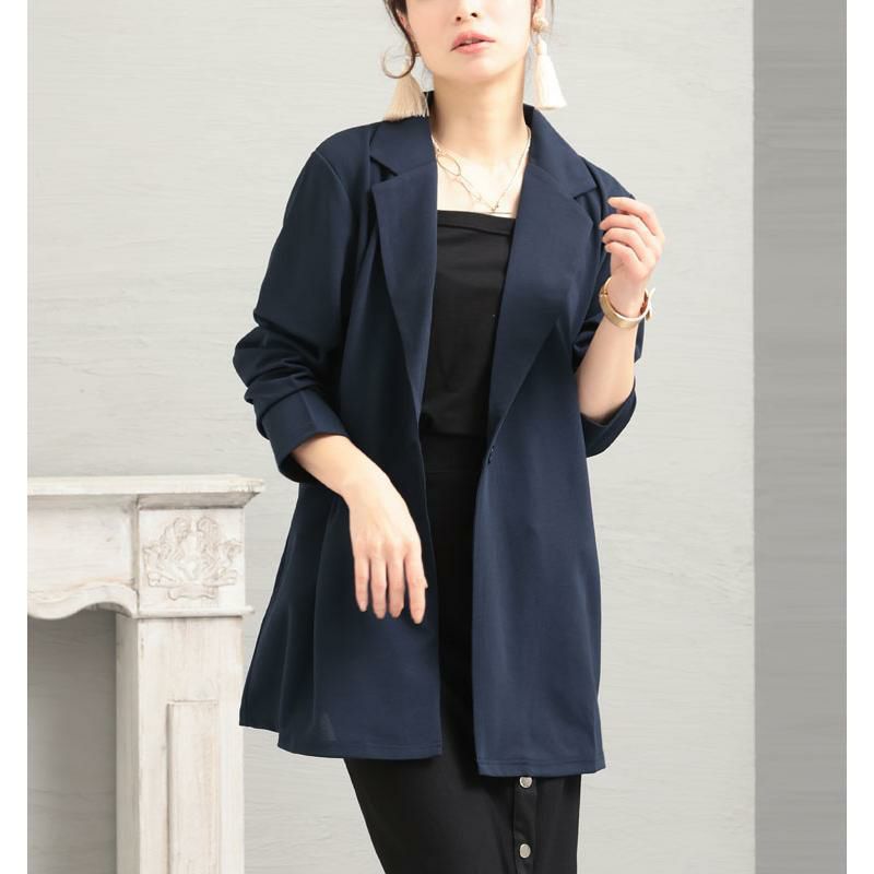 大きいサイズ レディース カットジョーゼットロングテーラードジャケット　mncut-102204 ネイビー