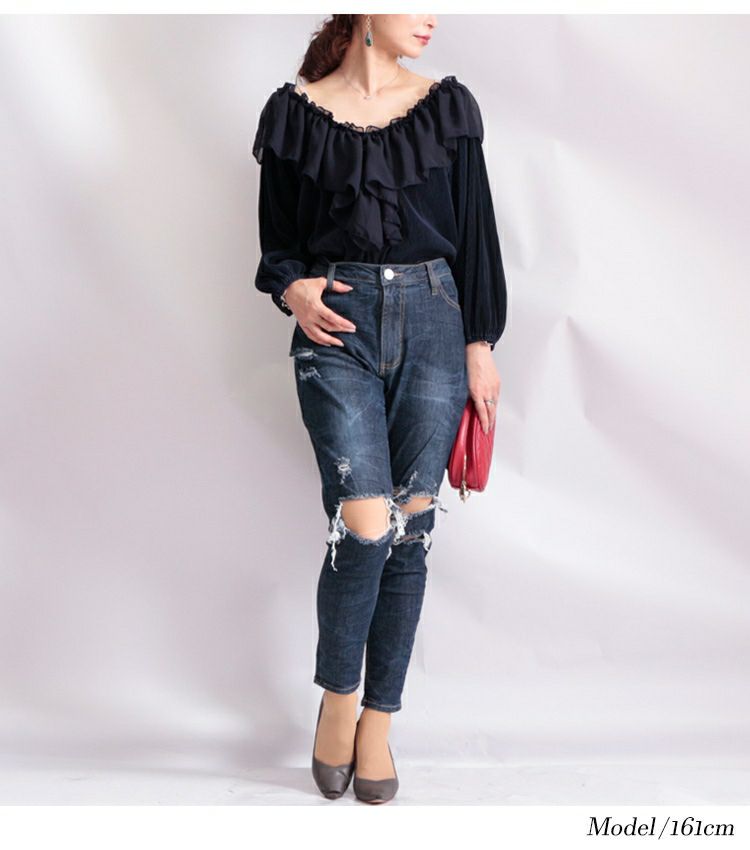 大きいサイズ レディース ストレッチダメージデニムスキニーパンツ　tkb-127670346