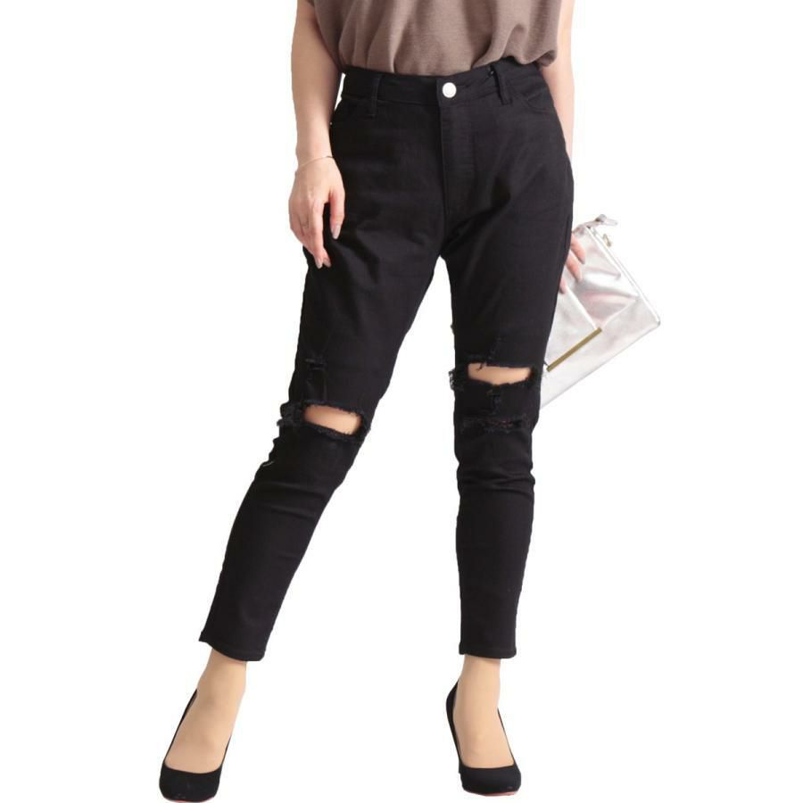 大きいサイズ レディース ストレッチダメージデニムスキニーパンツ　tkb-127670346 ブラック