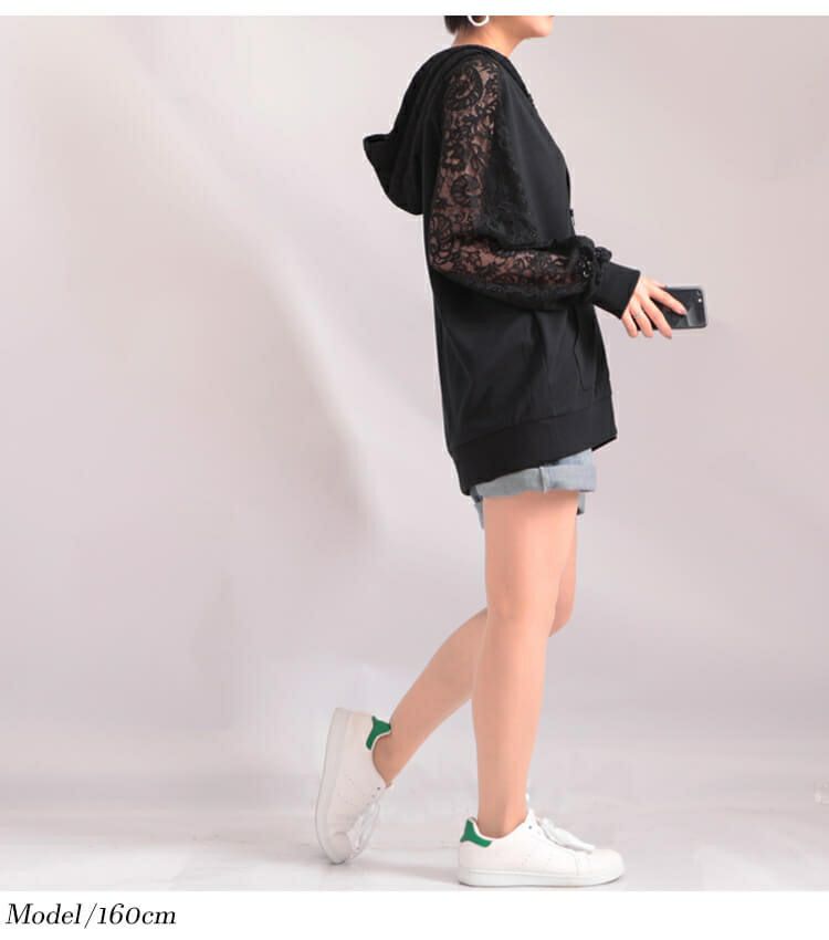 大きいサイズ レディース レース切替えジップアップパーカー　sw-0323