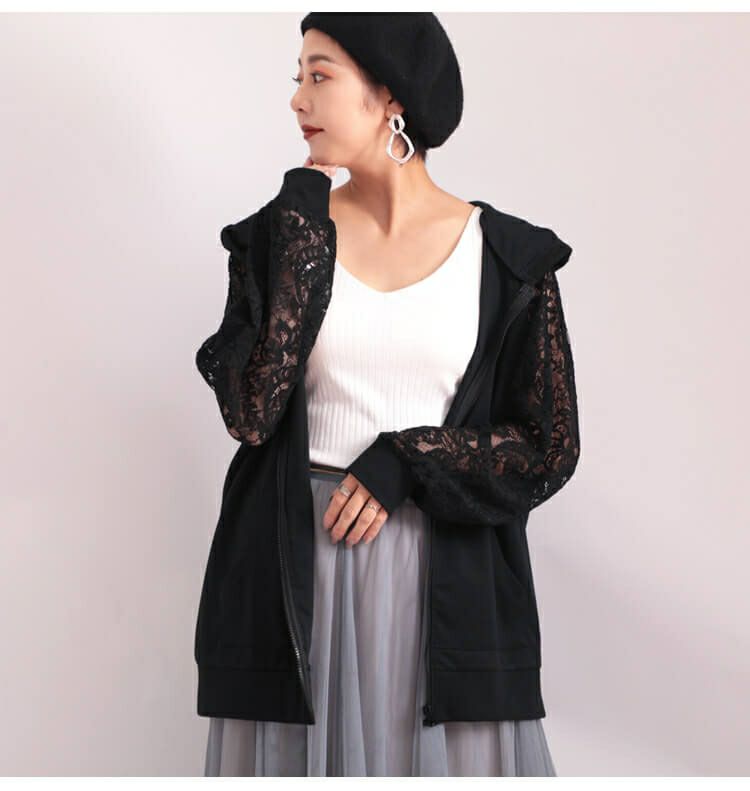 大きいサイズ レディース レース切替えジップアップパーカー　sw-0323