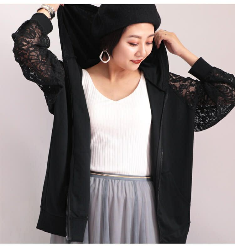 大きいサイズ レディース レース切替えジップアップパーカー　sw-0323