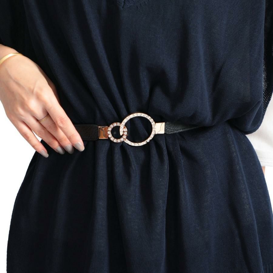 大きいサイズ レディース デザインナローゴムベルト　art-type【メール便可】 ブラックF