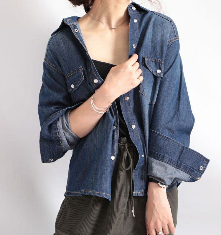 大きいサイズ レディース スラブデニムベーシックシャツ　wd-0160