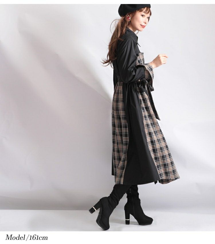 大きいサイズ レディース リボンベルト付きチェック柄切替シャツワンピース　jp280