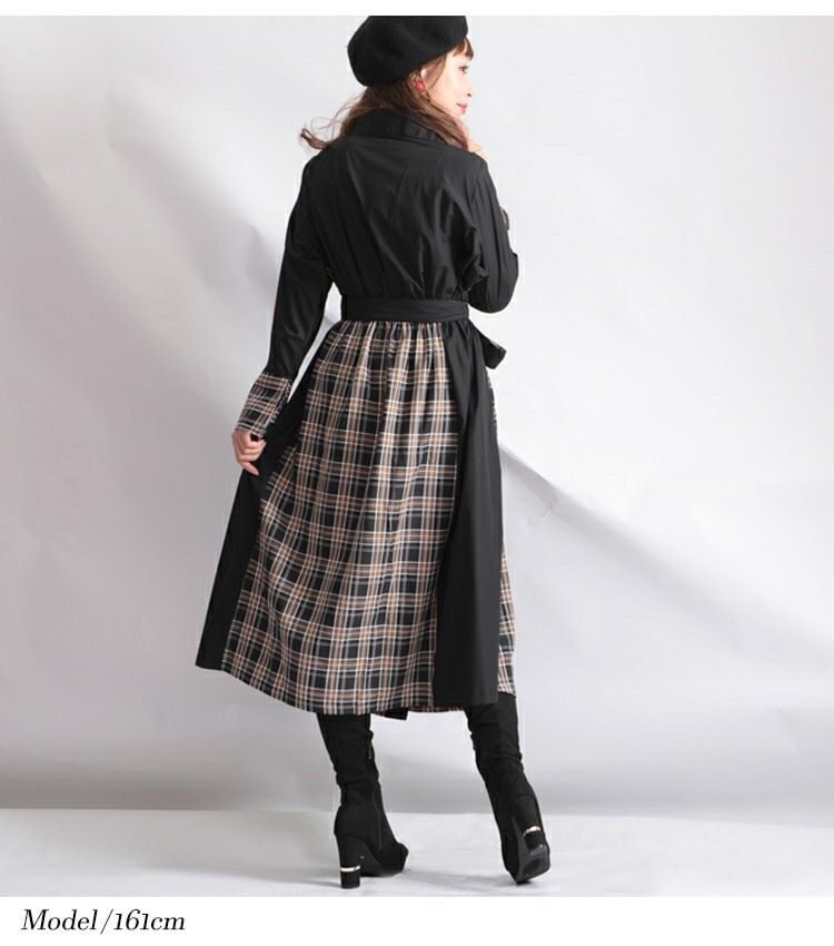 大きいサイズ レディース リボンベルト付きチェック柄切替シャツワンピース　jp280