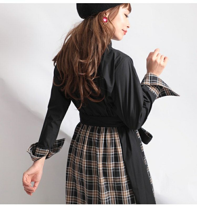 大きいサイズ レディース リボンベルト付きチェック柄切替シャツワンピース　jp280
