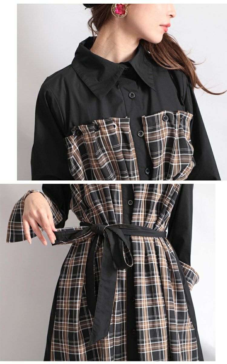 大きいサイズ レディース リボンベルト付きチェック柄切替シャツ