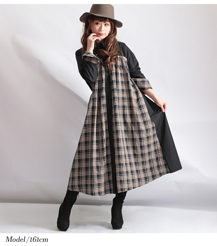 大きいサイズ レディース リボンベルト付きチェック柄切替シャツワンピース　jp280