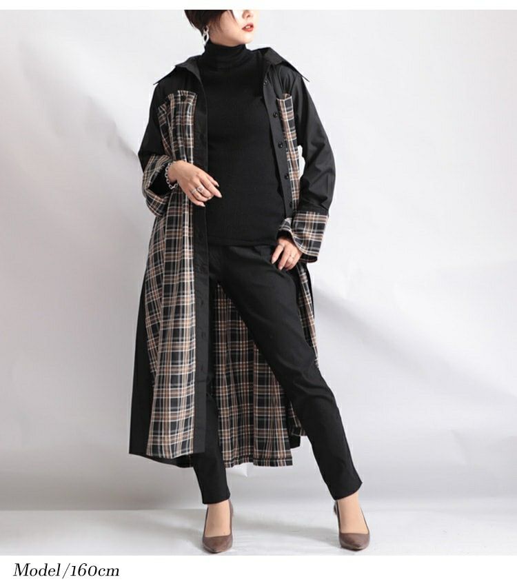 大きいサイズ レディース リボンベルト付きチェック柄切替シャツワンピース　jp280