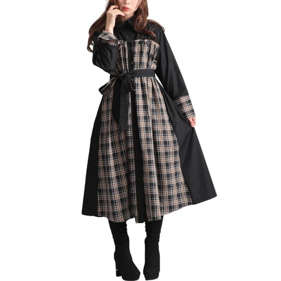 大きいサイズ レディース リボンベルト付きチェック柄切替シャツ