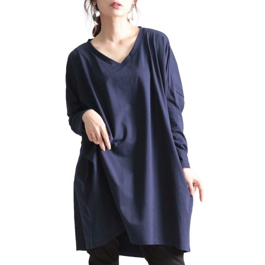 大きいサイズ レディース Vネックカットソーチュニック　maru-6402 ネイビー