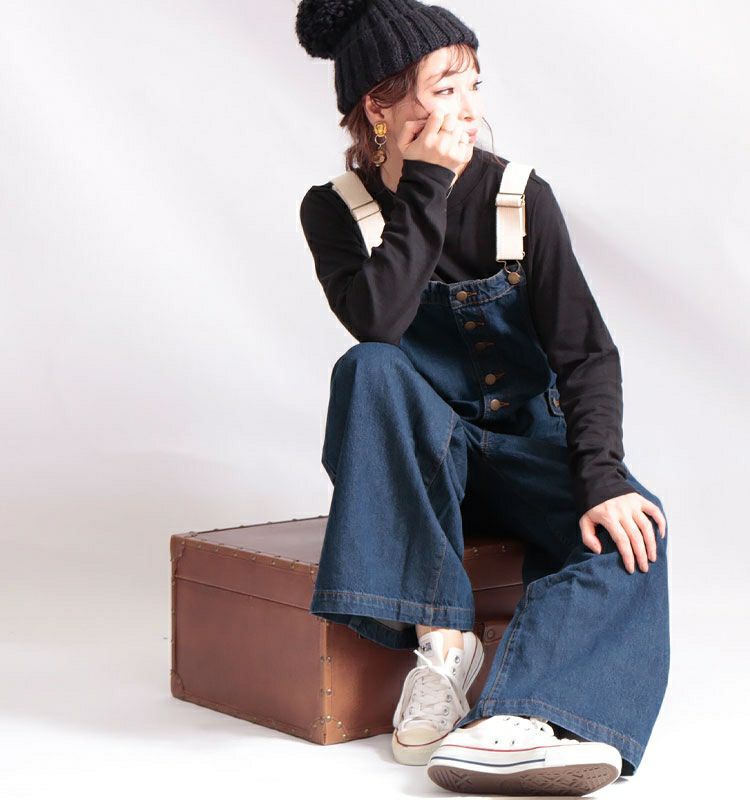 大きいサイズ レディース 配色ショルダーデニムサロペットパンツ　wd-0280