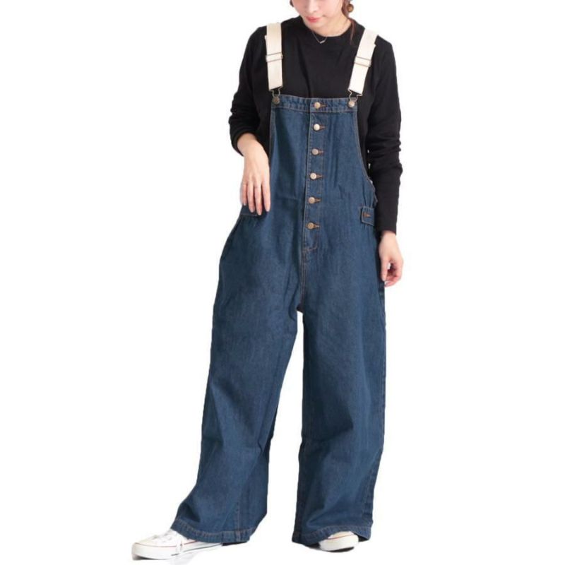 大きいサイズ レディース 配色ショルダーデニムサロペットパンツ　wd-0280 ネイビー