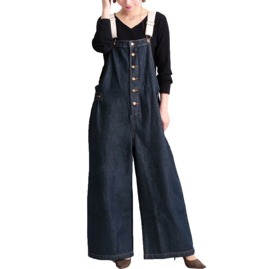 大きいサイズ レディース 配色ショルダーデニムサロペットパンツ　wd-0280 ワンウォッシュ