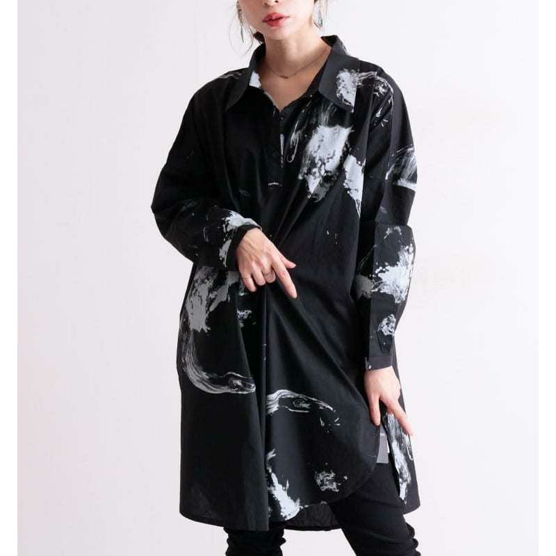 大きいサイズ レディース モノトーンデザインチュニックシャツ　gold793【メール便可】 ブラック