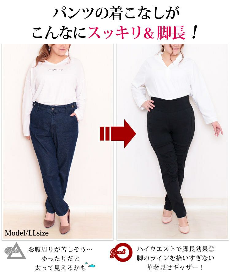 大きいサイズ レディース ハイウエストストレッチギャザーパンツ　fem-053