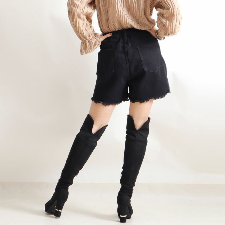 大きいサイズ レディース バックウエストギャザーダメージデニムショートパンツ　goldy-530