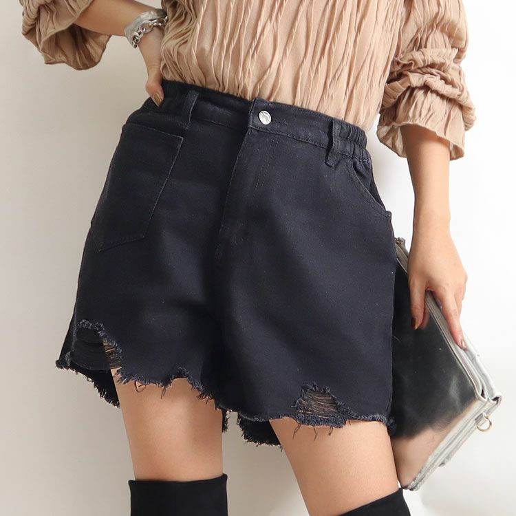 大きいサイズ レディース バックウエストギャザーダメージデニムショートパンツ　goldy-530