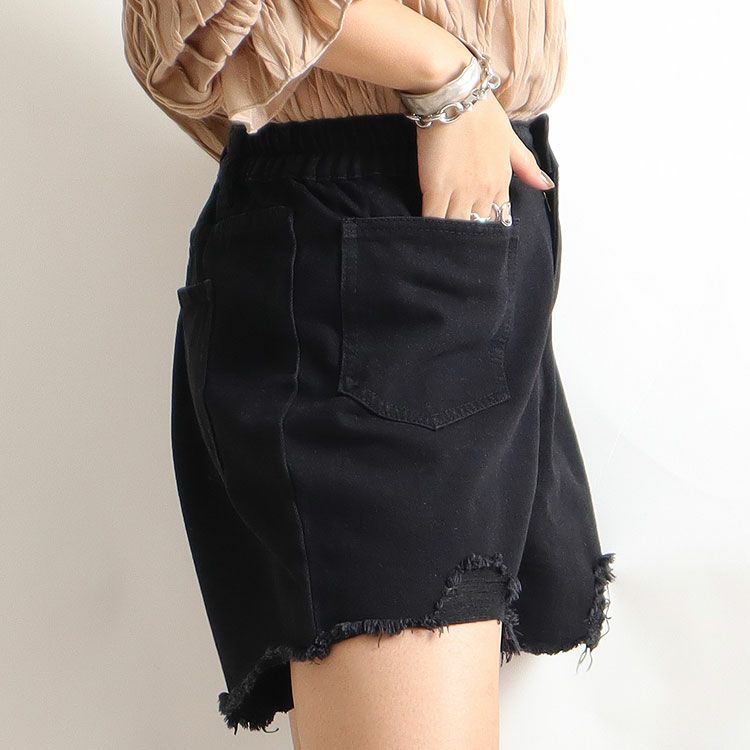 大きいサイズ レディース バックウエストギャザーダメージデニムショートパンツ　goldy-530