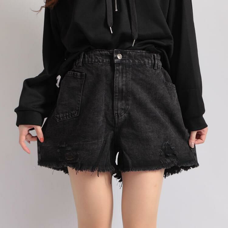 大きいサイズ レディース バックウエストギャザーダメージデニムショートパンツ　goldy-530 ブラック