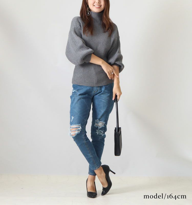 大きいサイズ レディース ボリューム袖ボトルネックリブニット　gold824