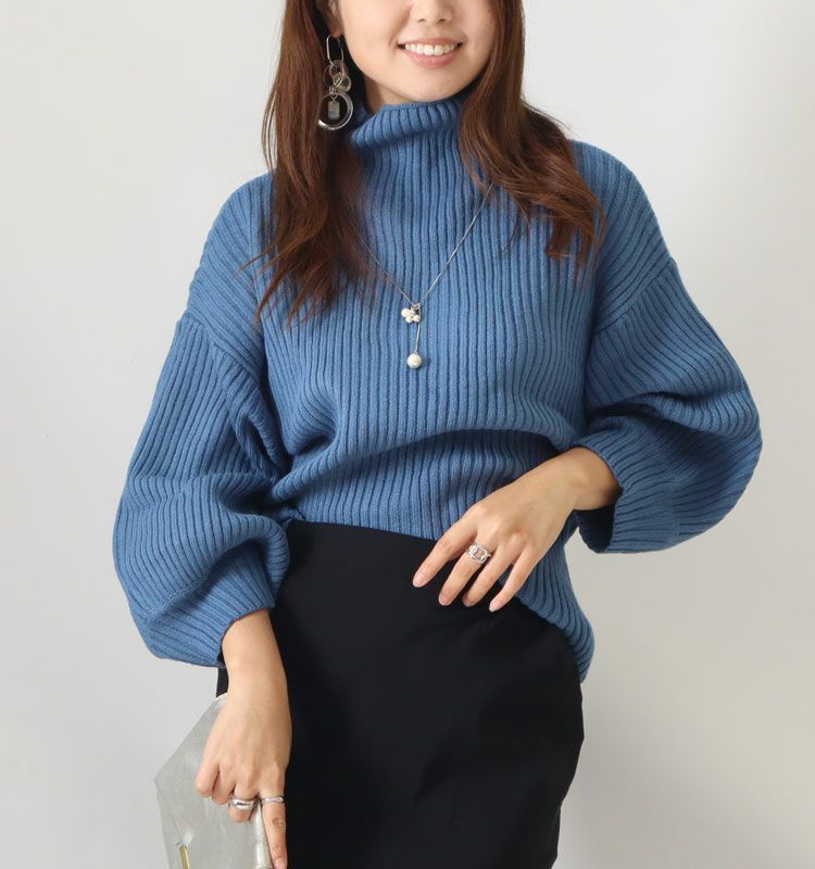 大きいサイズ レディース ボリューム袖ボトルネックリブニット gold824