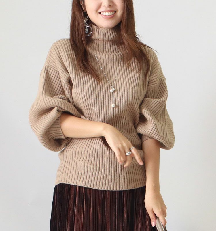大きいサイズ レディース ボリューム袖ボトルネックリブニット gold824