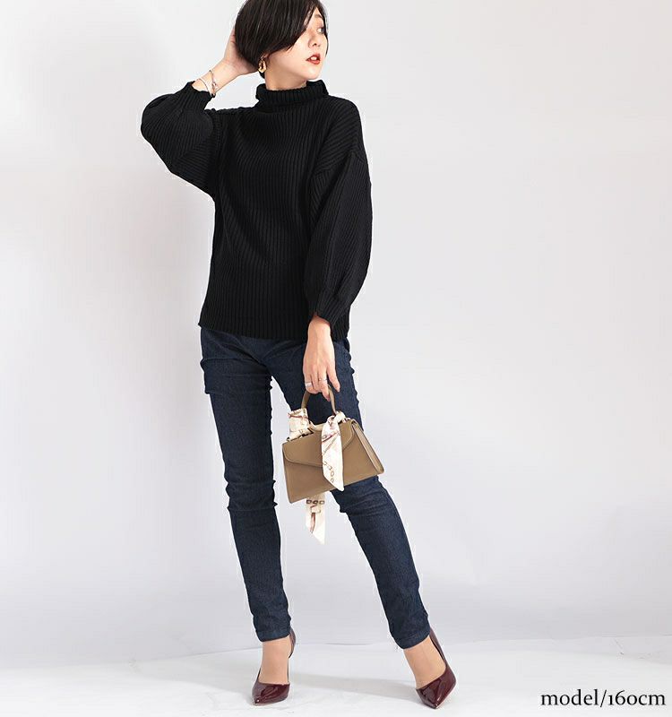 大きいサイズ レディース ボリューム袖ボトルネックリブニット　gold824