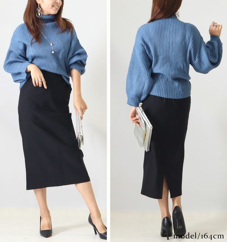 大きいサイズ レディース ボリューム袖ボトルネックリブニット　gold824