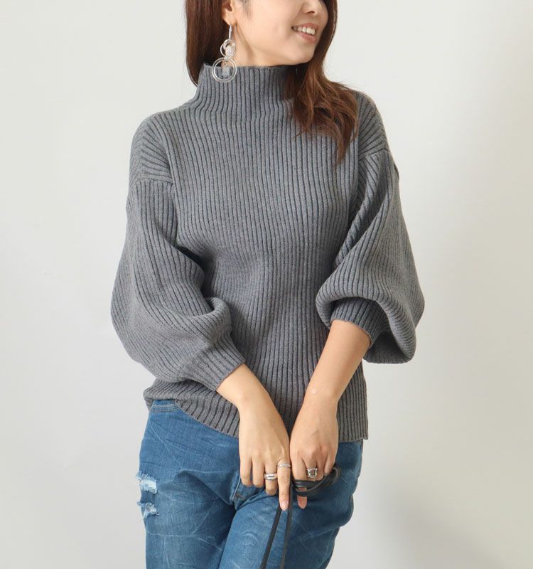 大きいサイズ レディース ボリューム袖ボトルネックリブニット　gold824