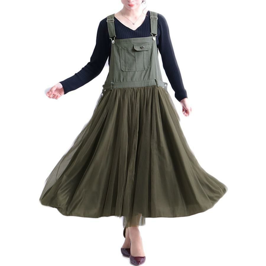 大きいサイズ レディース チュールサロペットスカート　jp270 カーキ