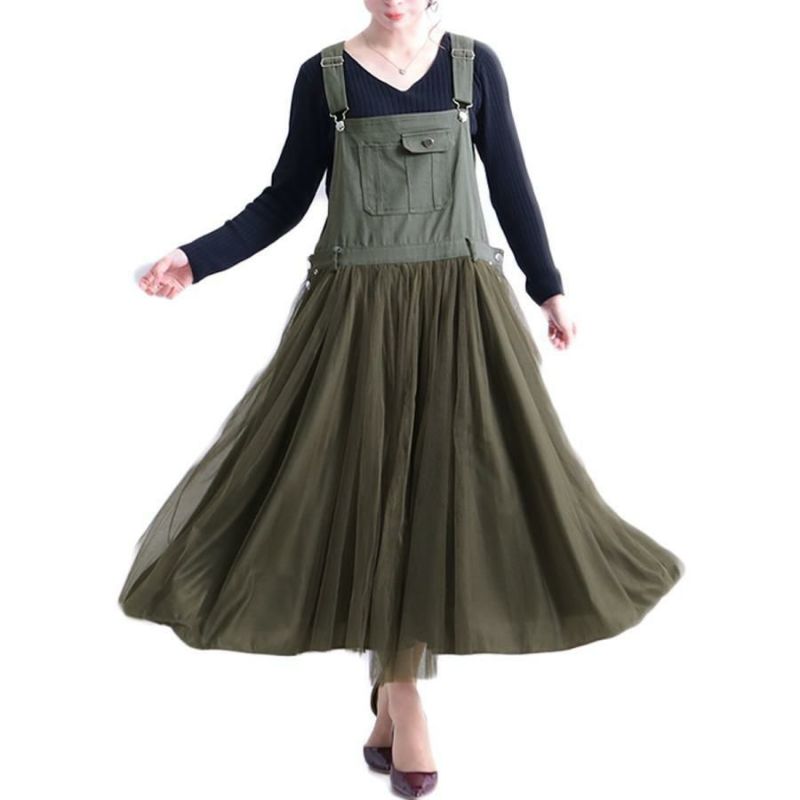 大きいサイズ レディース チュールサロペットスカート　jp270 カーキ