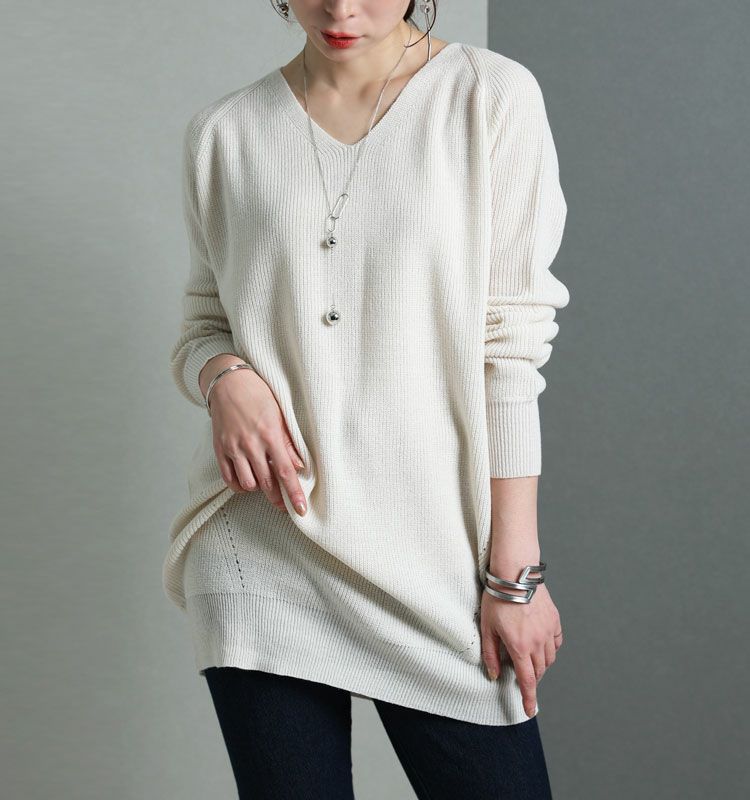 大きいサイズ レディース Vネックチュニック丈ニット　suri-3211