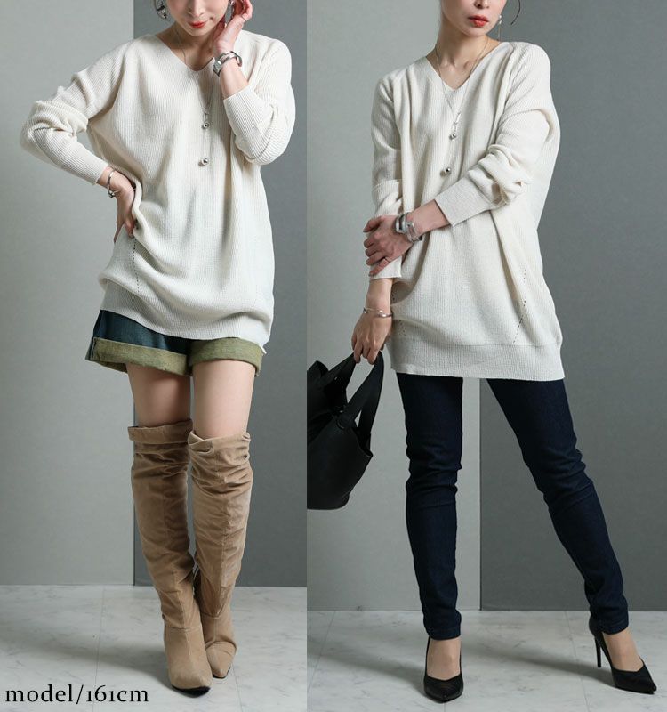 大きいサイズ レディース Vネックチュニック丈ニット　suri-3211