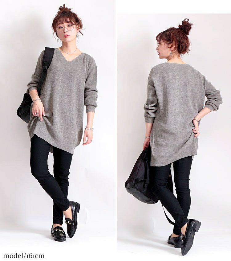 大きいサイズ レディース Vネックチュニック丈ニット　suri-3211