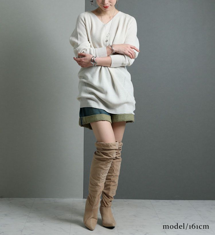 大きいサイズ レディース Vネックチュニック丈ニット　suri-3211