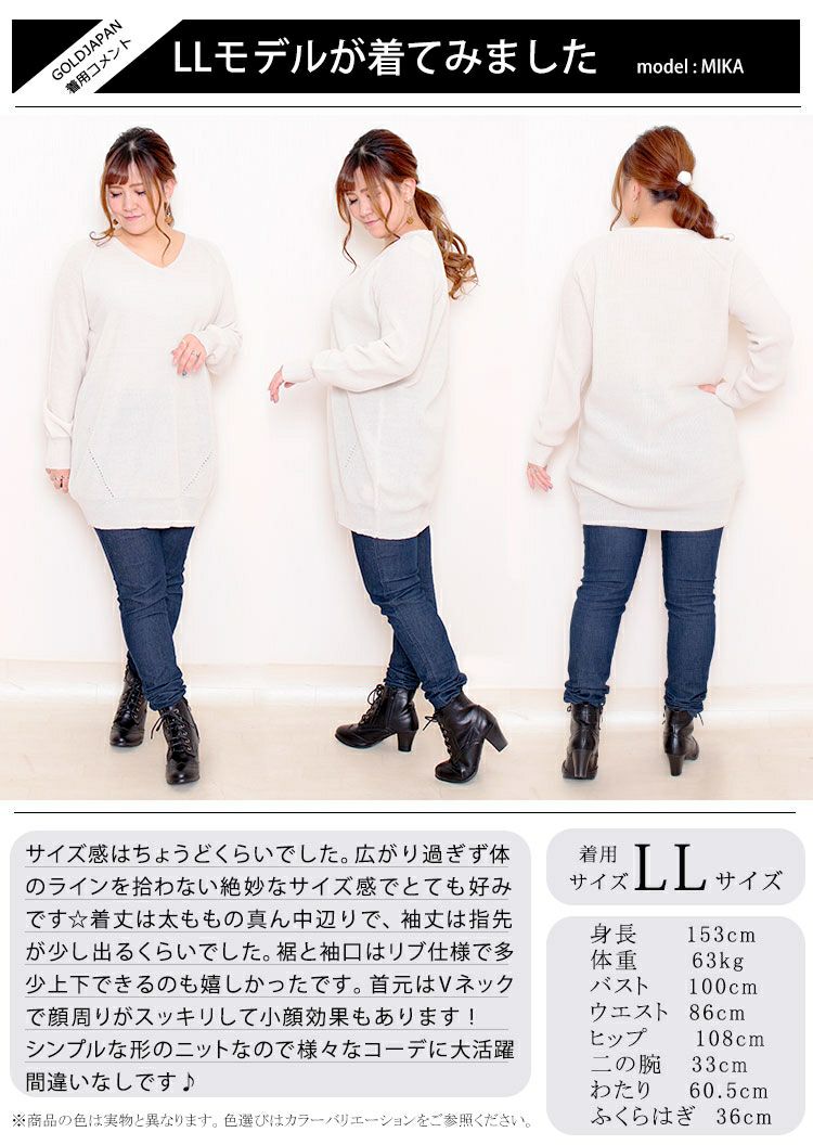 大きいサイズ レディース Vネックチュニック丈ニット　suri-3211